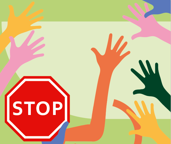 Illustration verschiedenfarbige Hände, STOP-Schild