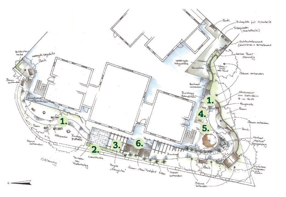 Skizze zum Entwurf des Erlebnisgarten Edens mit Markierungen der einzelnen Module.
